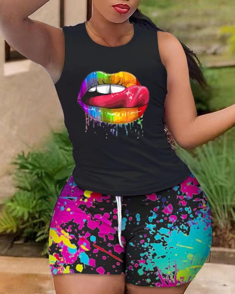 Ensemble deux pièces de sport et de loisirs pour femmes, gilet sans manches imprimé et short_voghion.com