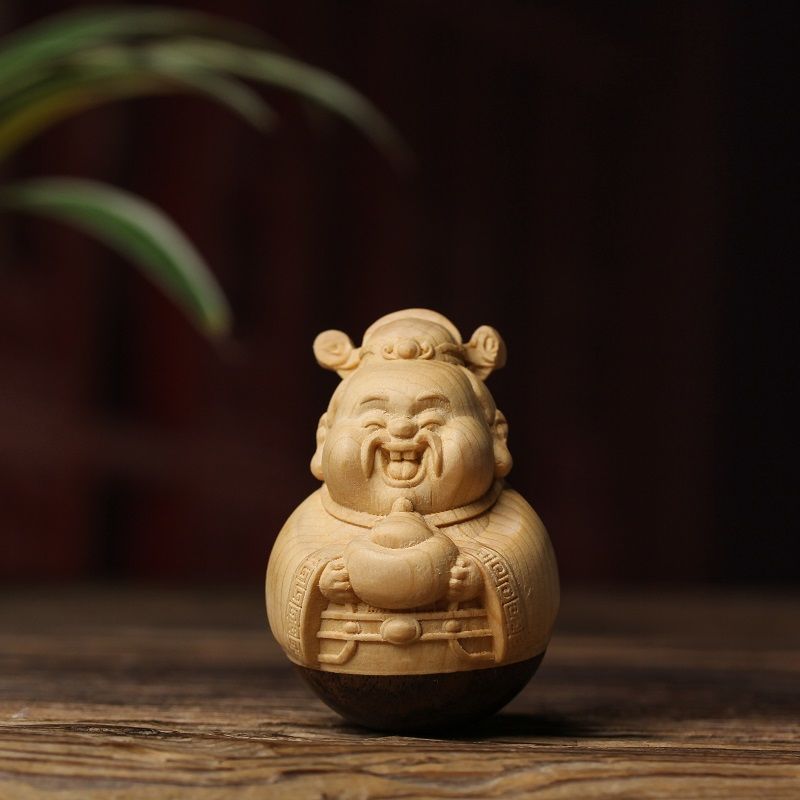 Boxwood Hinoki God Of Wealth Tumbler Lucky Cat Handheld Piece Solid Wood Carving Landlord Desktop Ornament Craft_voghion.com