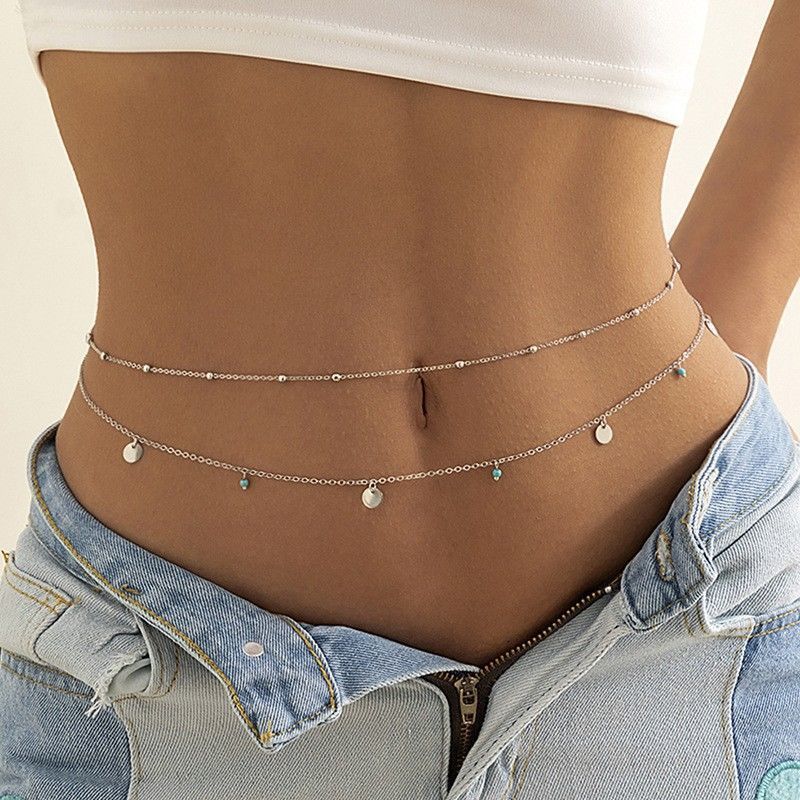 Accessories Sexy Vacation Style Turquoise Sequin Pendant Waist Simple Metal Thin Body Chain_voghion.com