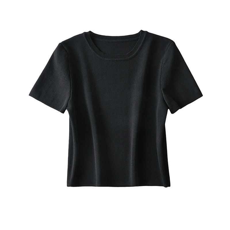 Mode femme décontracté été col rond manches courtes tricoté T-shirt à manches courtes haut_voghion.com