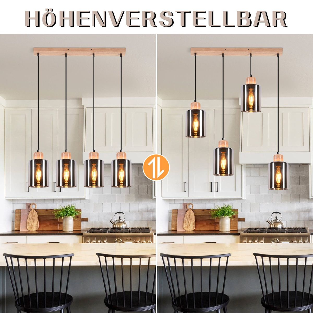 Glitzerlife Pendelleuchte Esstisch Holz Hängelampe - Esstischlampe Hängend E27 Vintage Hängeleuchte Höhenverstellbar Aus Glas Pendellampe Für Küche Esszimmer_voghion.com