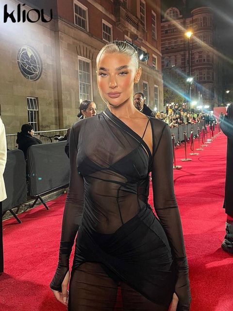 Kliou Elegant Mesh See Through Maxi Dress Women Hipster Full Sleeve Backless Body-shaping Stunning Robe Lady Evening Attirewear_voghion.com