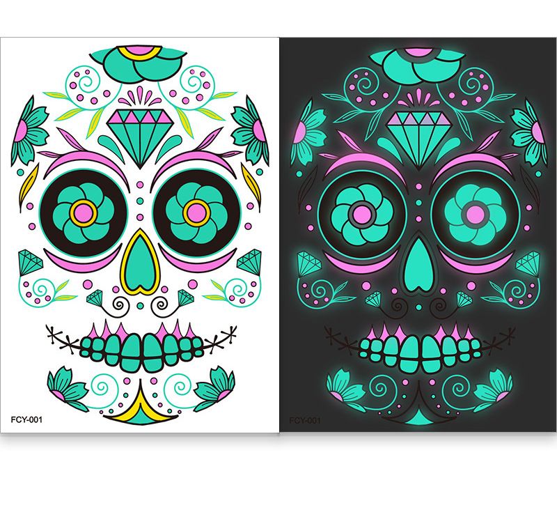 Halloween tijdelijke gezichtsmasker sticker tattoo make-up lichtgevende tattoo schedel bloemen skelet web volledige familie feestaanbod_voghion.com