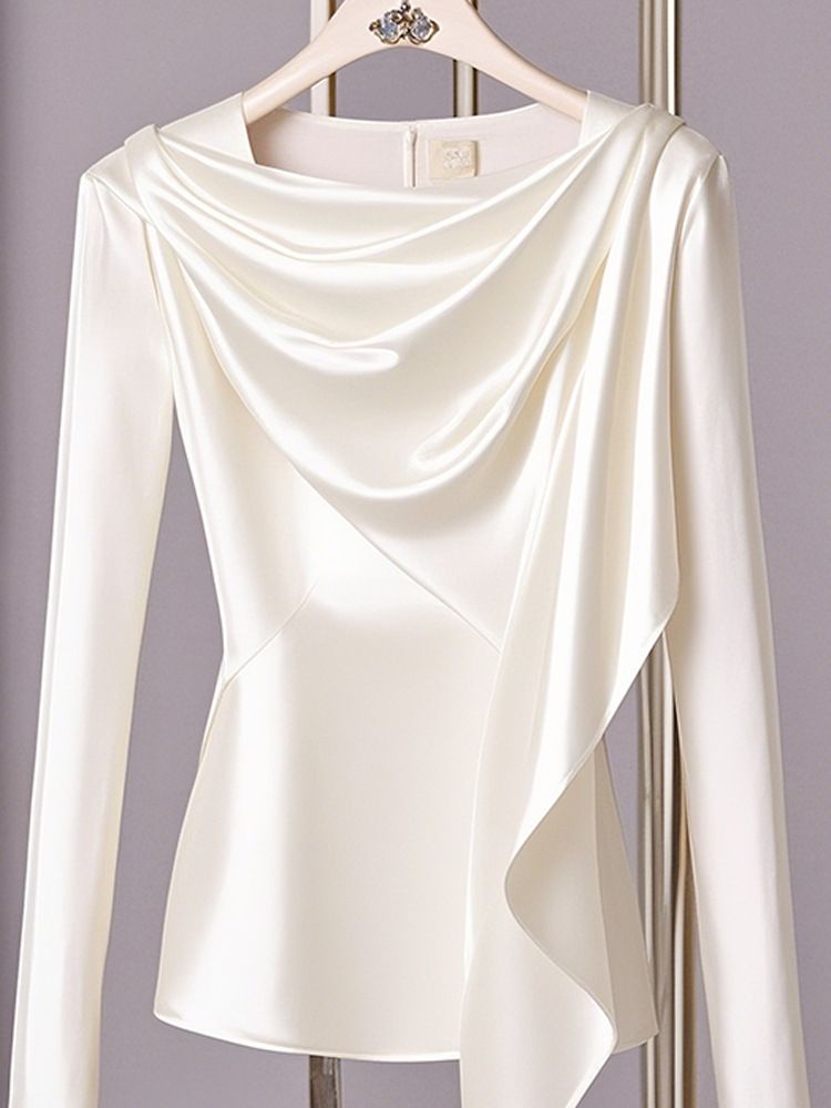 Französisch inspirierte Satinbluse – Elegantes Damenoberteil mit Rüschendetails (Bescheidene Passform, figurformend, Weiß, M-XXXL)_voghion.com