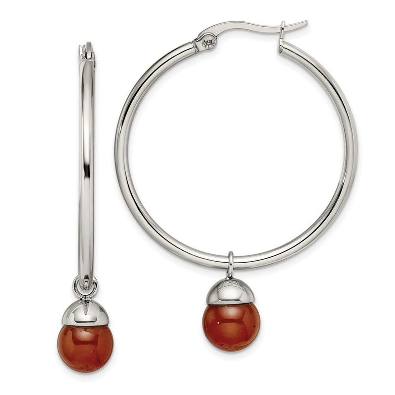 Chisel Stainless Steel Polished With Red Agate Dangle Hoop Earrings_voghion.com