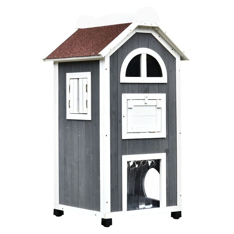 PawHut Wooden Cat House 43H Outdoor Shelter 3-Floor Kitten Condo With Asphalt Roof Escape Doors Stairs Grey White_voghion.com
