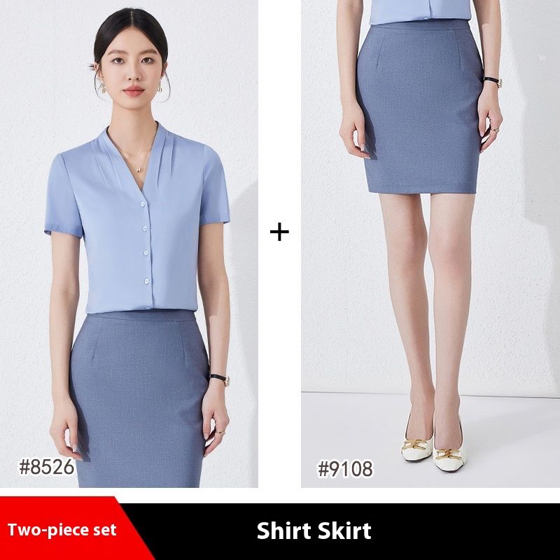 Costum alb cu mânecă scurtă profesional pentru femei în vara anului 2025, cu costum elegant subțire și cămașă cu decolteu în V pe dedesubt_voghion.com