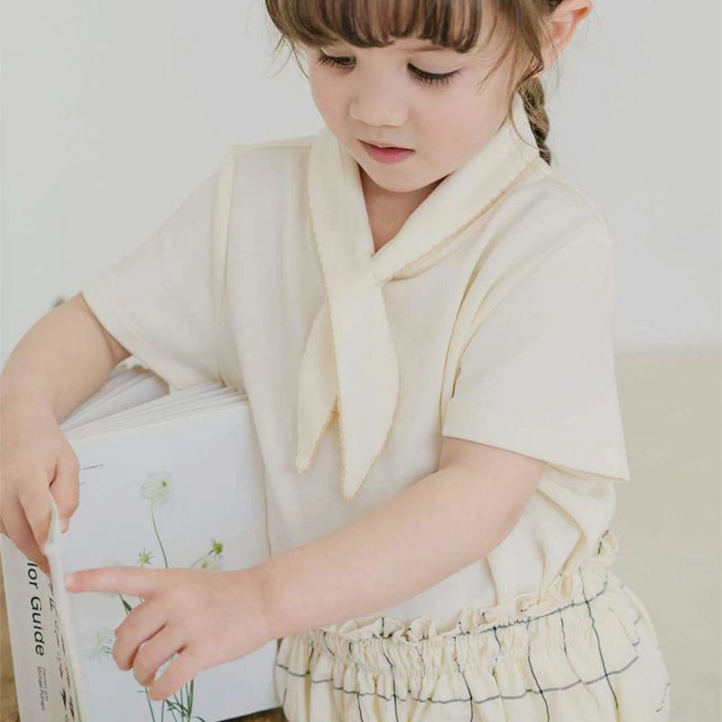 2024 Summer New Girl Short sleeved T-shirt Ultra thin Cotton Rabbit Ear Cross Tie Girl's Milk White Top_voghion.com