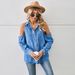 Top da donna a maniche lunghe in denim cavo con spalle scoperte lavate_voghion.com