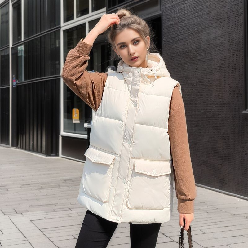 Gilet en coton à capuche pour femmes, section courte, rembourré en coton, ample, décontracté, veste à épaule_voghion.com