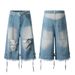 Men's Clothing Retro Ripped Hem Washed Distressed Denim Shorts Men's Streetwear Loose Versatile Pants_voghion.com