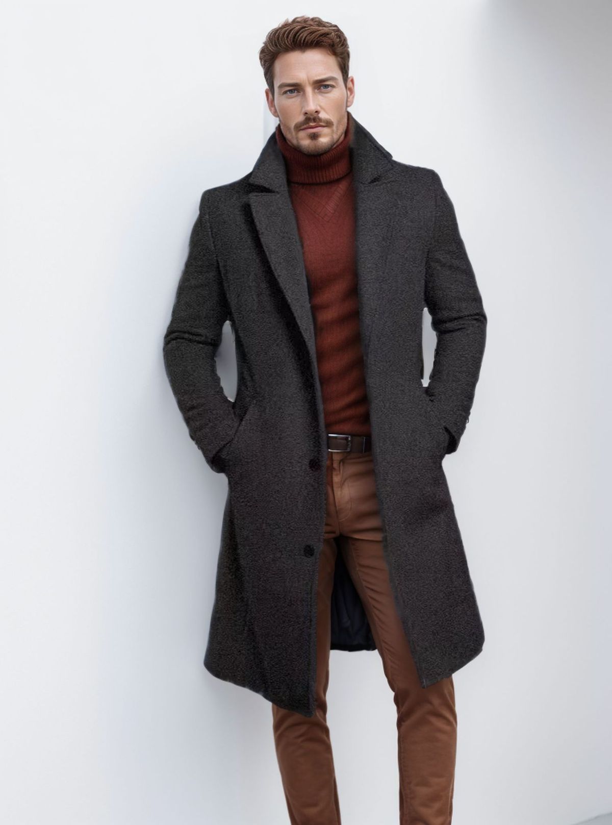 Gabardina de mezcla de lana para hombre: abrigo largo clásico de invierno, corte entallado, múltiples bolsillos, elegante y cálido._voghion.com