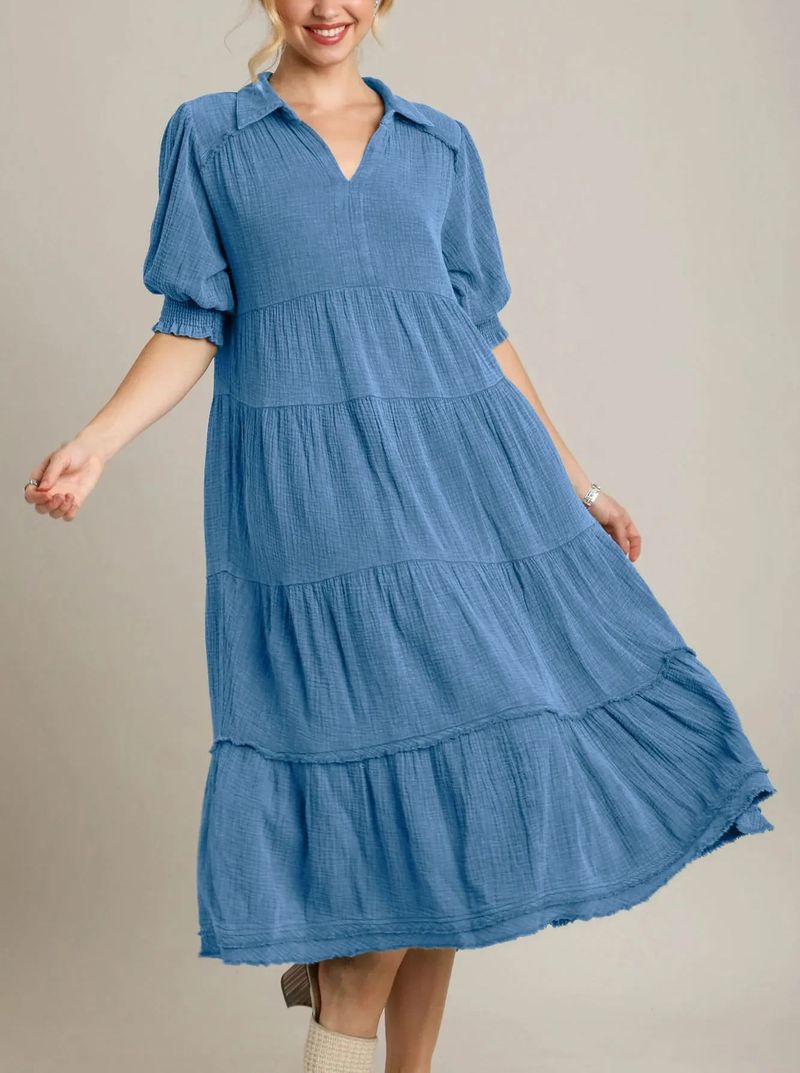 Abito a strati con scollo a V e maniche medie, alla moda e comodo, 2024, per donna_voghion.com