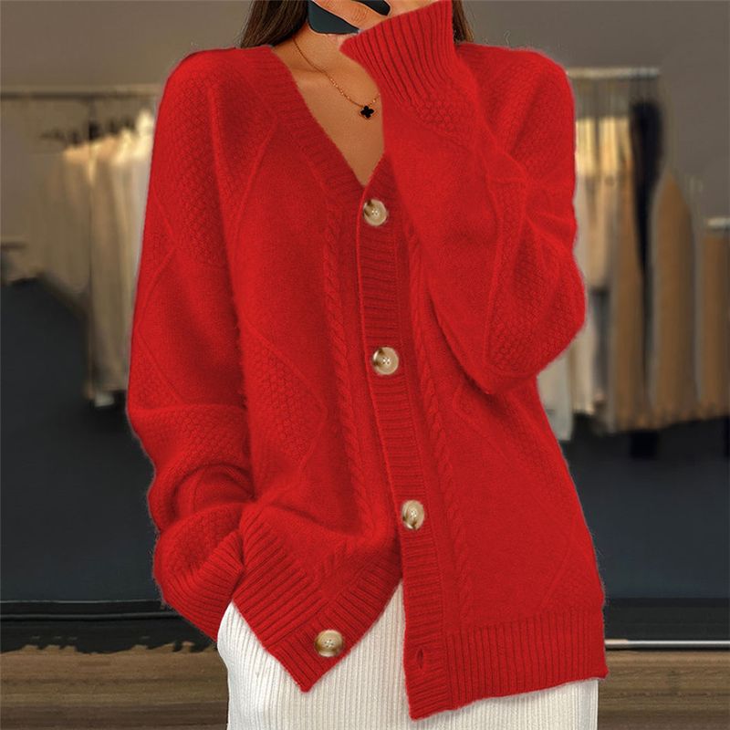 Damenbekleidung, einfarbig, langärmelig, V-Ausschnitt, Strickjacke, einreihiger Jacquard-Pullover, Jacke für Damen_voghion.com