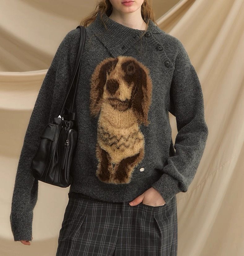 Oversized Crochet Knit Sweater – Retro-Inspired Pullover With 3D Animal Motifs (S/M/L, Split Hem, Acrylic Blend)_voghion.com