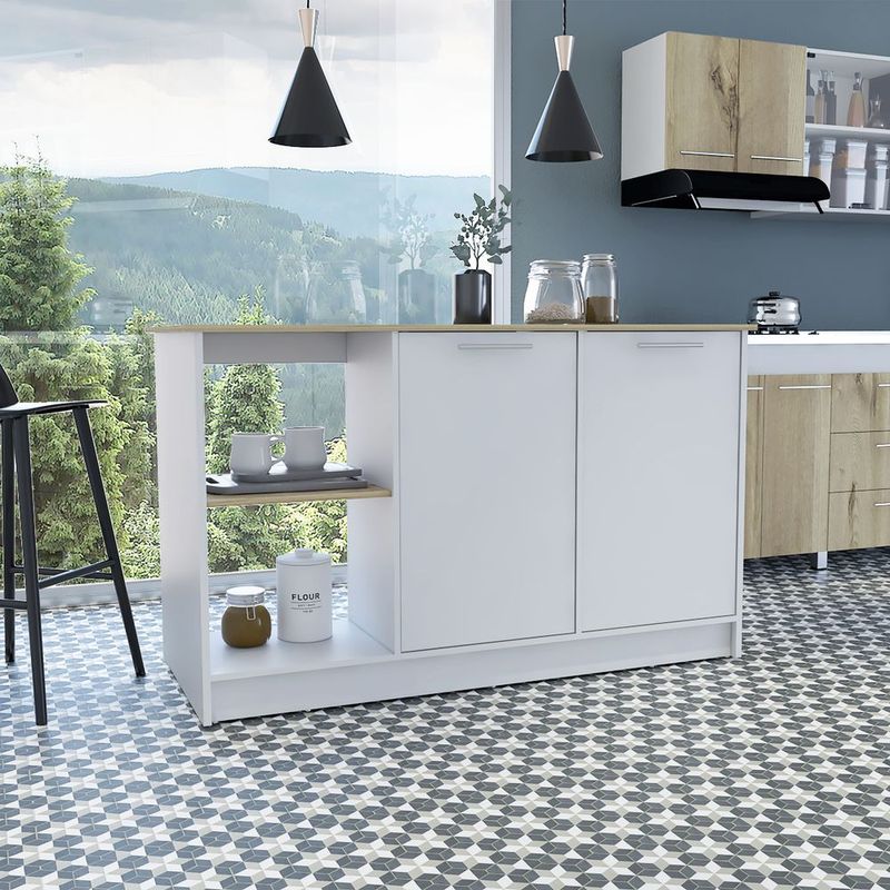 Kitchen Island With Large Countertop, Open Storage Shelves And Double Door Cabinet, White / Light Oak_voghion.com