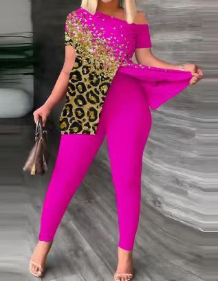 Audday 2024 New Plus Size Women's Off-Shoulder Raglan Short Sleeve Irregular T-Shirt And Long Pants Set_voghion.com