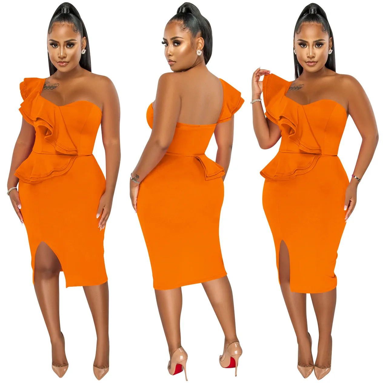 Women's Clothing fashion casual ruffled slit one shoulder sleeve dress women's clothing_voghion.com