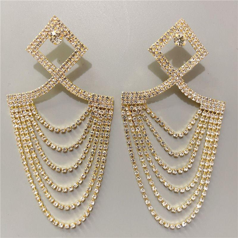New personalized multi-layer tassel with full diamond geometric rhinestone earrings accessories_voghion.com