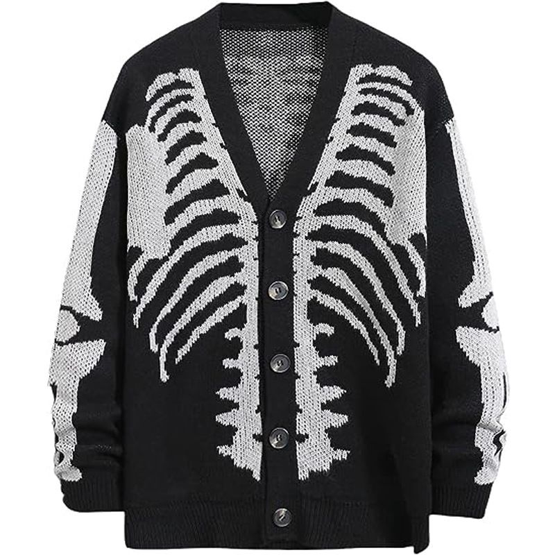 Vêtements pour femmes printemps et automne pull veste populaire crâne jacquard Halloween tricoté cardigan pour femmes_voghion.com