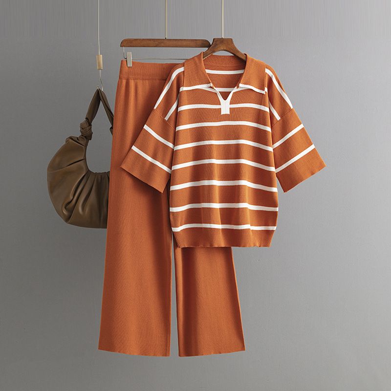 Abbigliamento da donna, completo alla moda a righe a contrasto, nuovo casual, pantaloni larghi in maglia, due pezzi_voghion.com