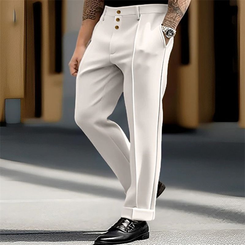 Herrenbekleidung Herren Formelle Mode Business Casual Einfarbige Twill-Anzughose mit Knöpfen_voghion.com