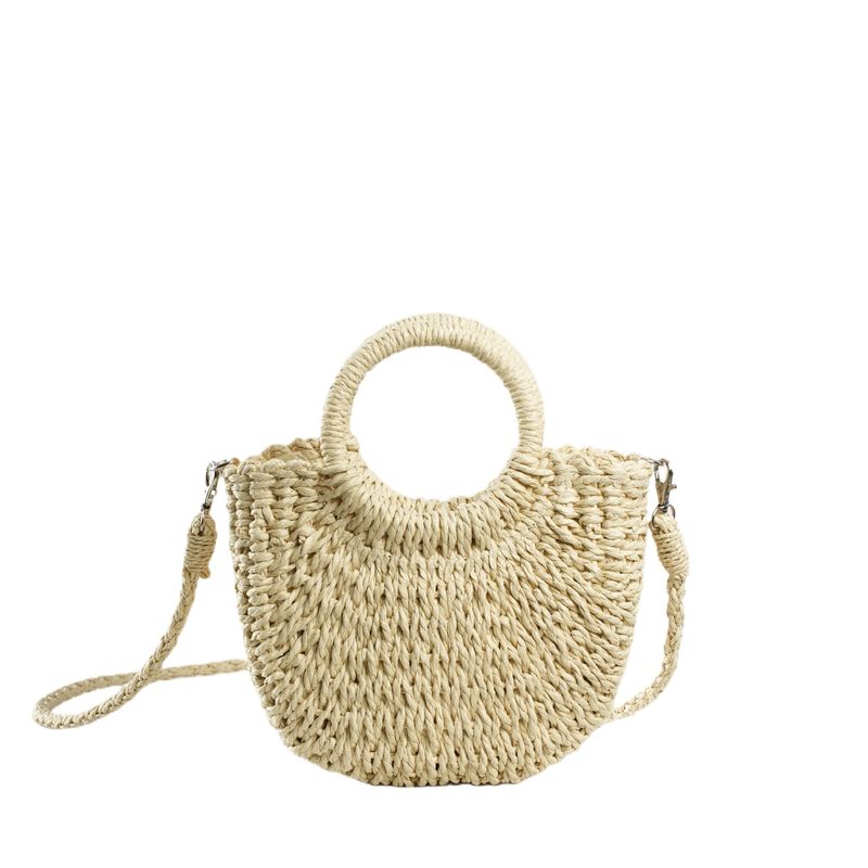 Factory direct half moon straw double ring handle crossbody handbag_voghion.com
