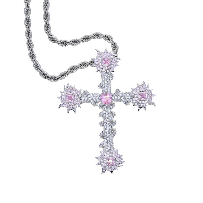 New Pink Heart Shaped Cross Zircon Pendant Hip Hop Couple Jewelry_voghion.com