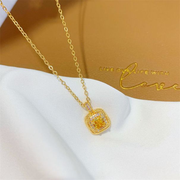 Ins-Trendy Women's Square-Cut Citrine Necklace - Minimalist Unique Design, 18K Gold-Plated Titanium Steel, Hypoallergenic For Daily/Date Wear, Light L_voghion.com