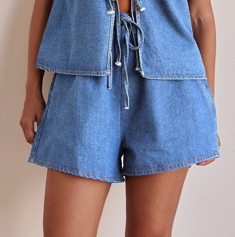 Abbigliamento da donna Moda estiva Casual Senza maniche Con lacci Vita alta Gilet da donna Tuta in denim Pantaloncini_voghion.com