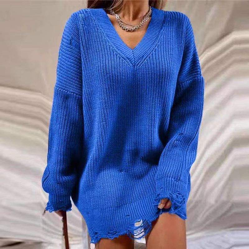 Lockerer, einfarbiger, zerrissener, mittellanger V-Ausschnitt-Langarmpullover mit dicker Nadel für Damen_voghion.com