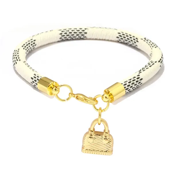 Brand Leather Charm Bracelets for Women Plaid PU Real Gold Plated Heart Bag Pendant Lobster Clasp Design Bangle Fashion_voghion.com