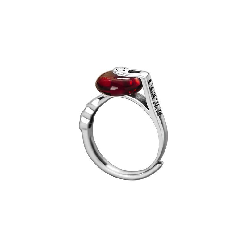 Anello con fibbia vintage in argento puro S999, ambra artificiale e sangue, con ciondolo a forma di fortuna, gioielli vintage da mano._voghion.com