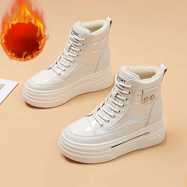 Black Winter Leather Snow Boots Womens and Fat Flat Platform Warm Short Shoes 240904_voghion.com