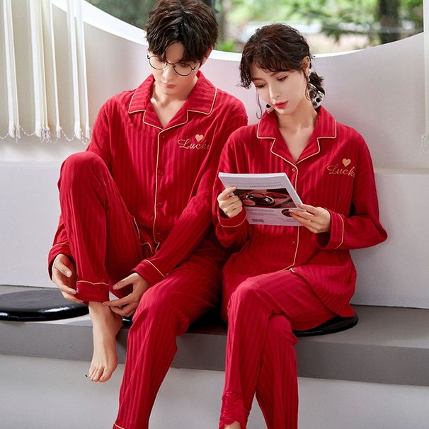 Nuovo set di cardigan e risvolto dell'anno zodiacale per coppia, vestito rosso per la casa da sposa, pantaloni a maniche lunghe, pigiama casual in cotone_voghion.com