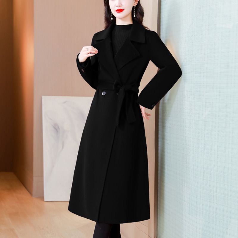 Women's Long Wool Coat - Oversized Trench Coat With Belted Waist, Knee-Length Vintage Style Winter Overcoat_voghion.com