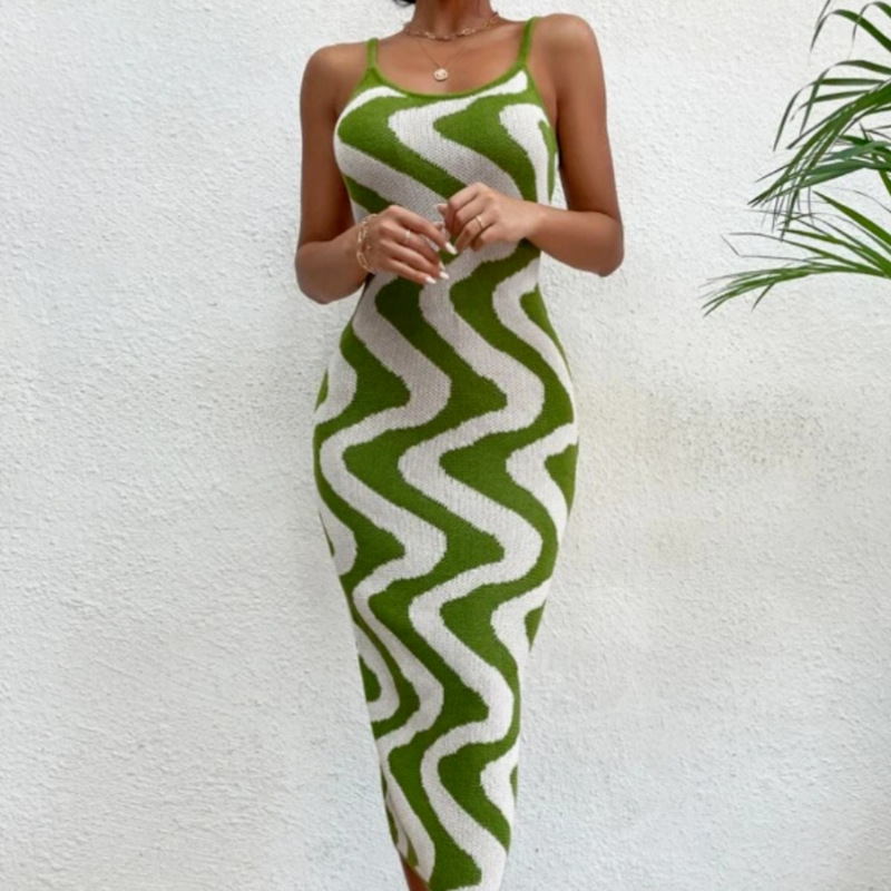 Sommer-Strickkleid, sexy, schmales, gestreiftes Hosenträger-Pulloverkleid_voghion.com