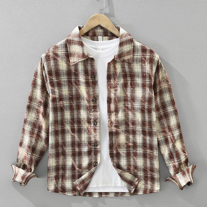 Camicia a maniche lunghe a quadri retrò da uomo, alla moda e versatile, top casual e ampio._voghion.com