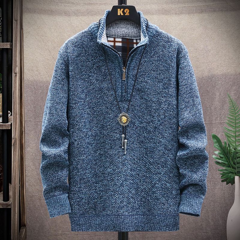 Pulover bărbătesc cu guler înalt și mânecă lungă, din fleece îngroșat, culoare uni, cu fermoar pe jumătate, pentru bărbați_voghion.com