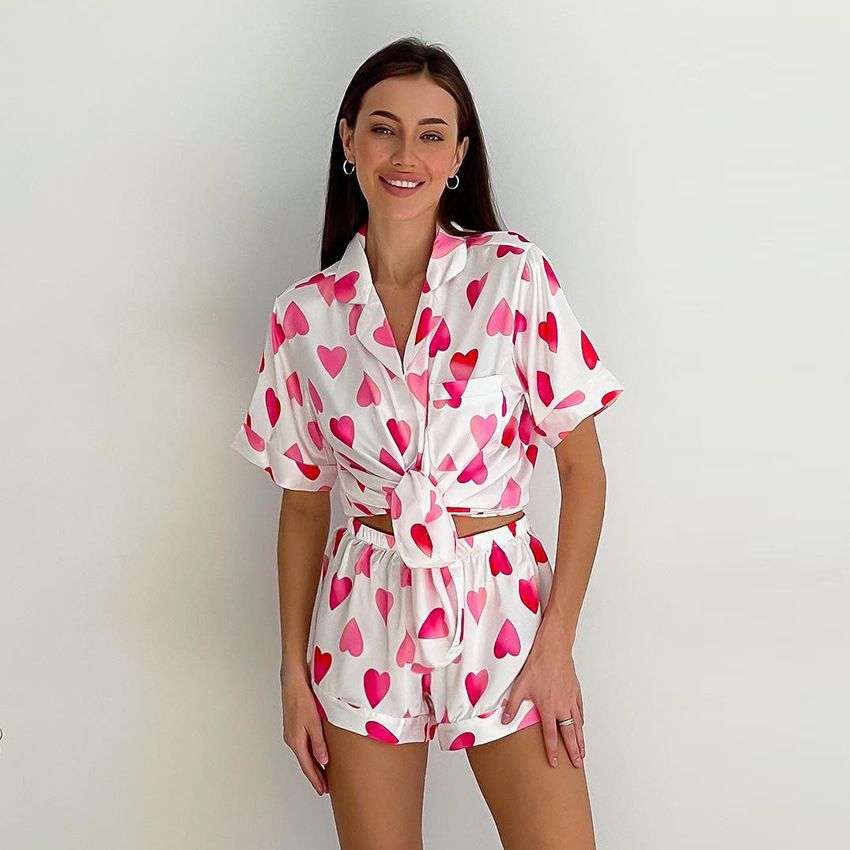 Damen-Pyjama-Set mit rosa Liebesdruck, kurzärmeliges Shorts-Zweiteiler-Set aus Kunstseide, zweiteiliges Set zum Tragen zu Hause_voghion.com