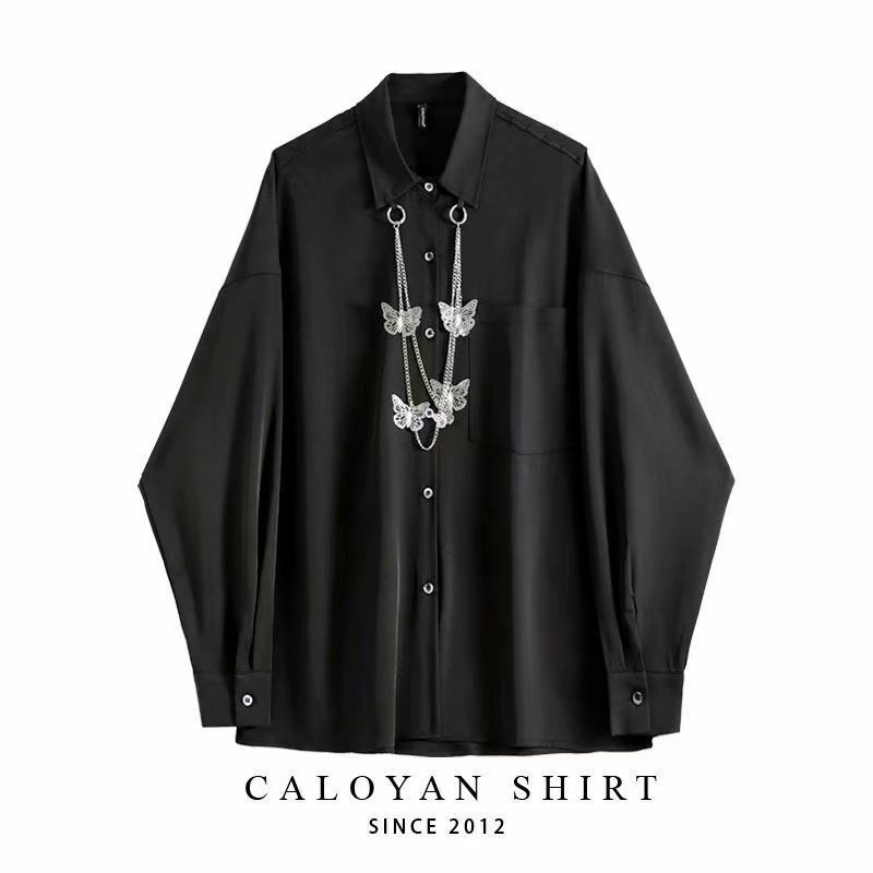 Chemise Vintage diagonale à manches longues pour hommes, conçue pour se sentir asymétrique, ample, chaîne irrégulière, doublure Hip Hop_voghion.com