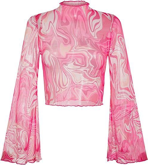 Top corto da donna con maniche a campana in rete floreale, colletto arricciato e orlo a lattuga_voghion.com