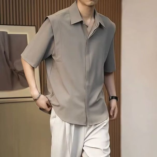 Camicia a maniche corte in seta ghiacciata da uomo, top a mezza manica, camicia a maniche medie alla moda in tinta unita_voghion.com