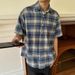 Flannel Blue Checkered Short Sleeved Shirt Men's Summer Checkered Shirt Jacket_voghion.com