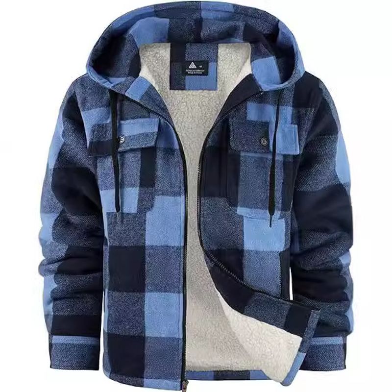 Men's Clothing Men's Flannel Shirt Jacket Wool Lambskin Plaid Jacket Coat Full Zip Hoodie Winter Coat_voghion.com