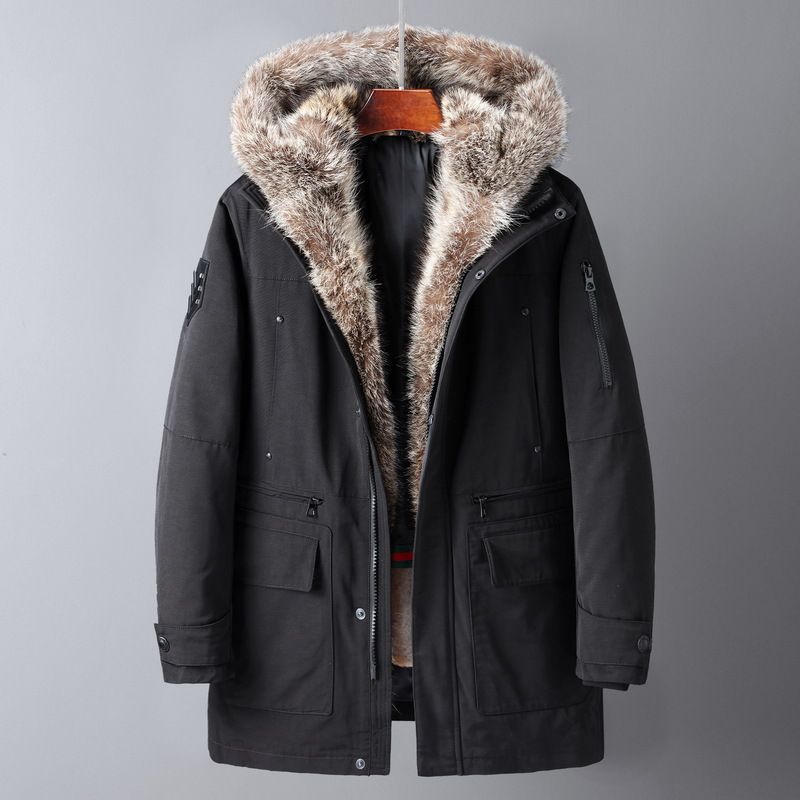 Herrenbekleidung Parker Herren Papa Ehemann Amerikanischer Waschbärkragen Pelzfutter mittellanger Wintermantel Pelz Herrenmantel_voghion.com