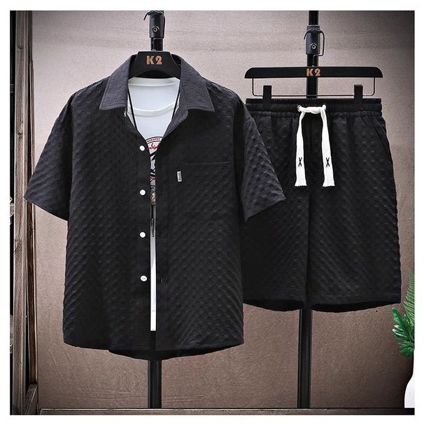 Summer Simple Suit For Men, Handsome And Stylish Short Sleeved Shirt And Shorts, A Set Of Plaid Thin Sports And Leisure Two Piece Suit_voghion.com
