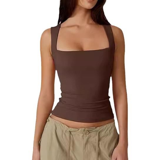 Canotta da donna, stile hot girl, canotta alla moda, stile autunnale, con colletto quadrato, in seta di latte_voghion.com