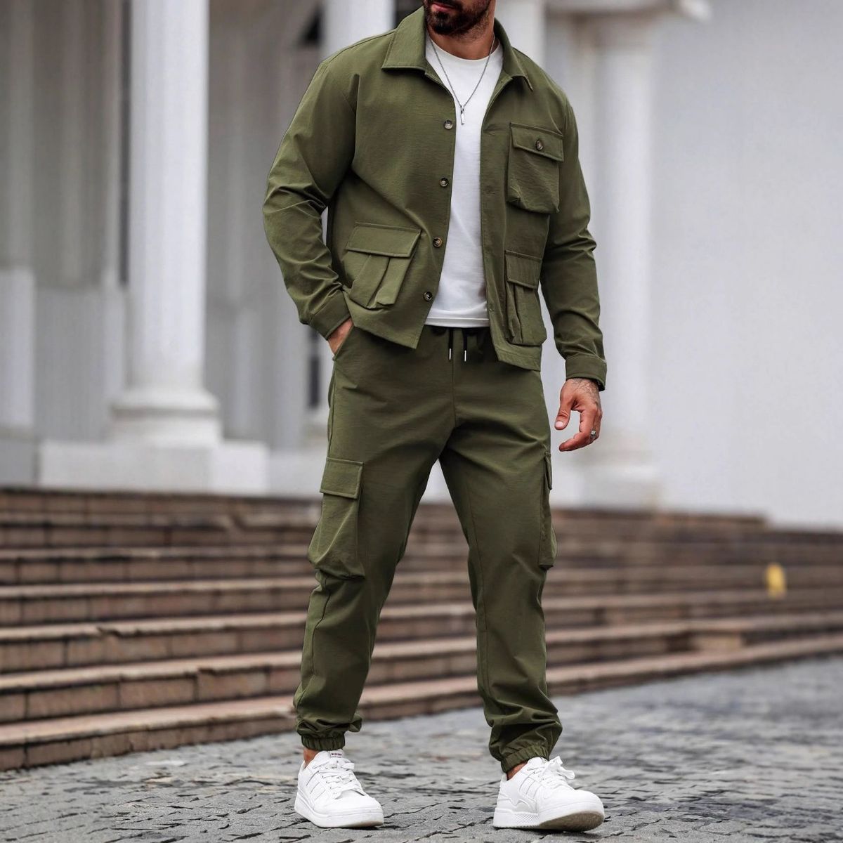 Herren-Set aus schwerer Arbeitsjacke und Hose mit mehreren Taschen – robuster Retro-Stil (Armeegrün/Schwarz/Khaki/Dunkelblau/Grau, S-XXXL)_voghion.com