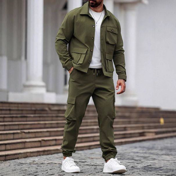 Herren-Set aus schwerer Arbeitsjacke und Hose mit mehreren Taschen – robuster Retro-Stil (Armeegrün/Schwarz/Khaki/Dunkelblau/Grau, S-XXXL)_voghion.com
